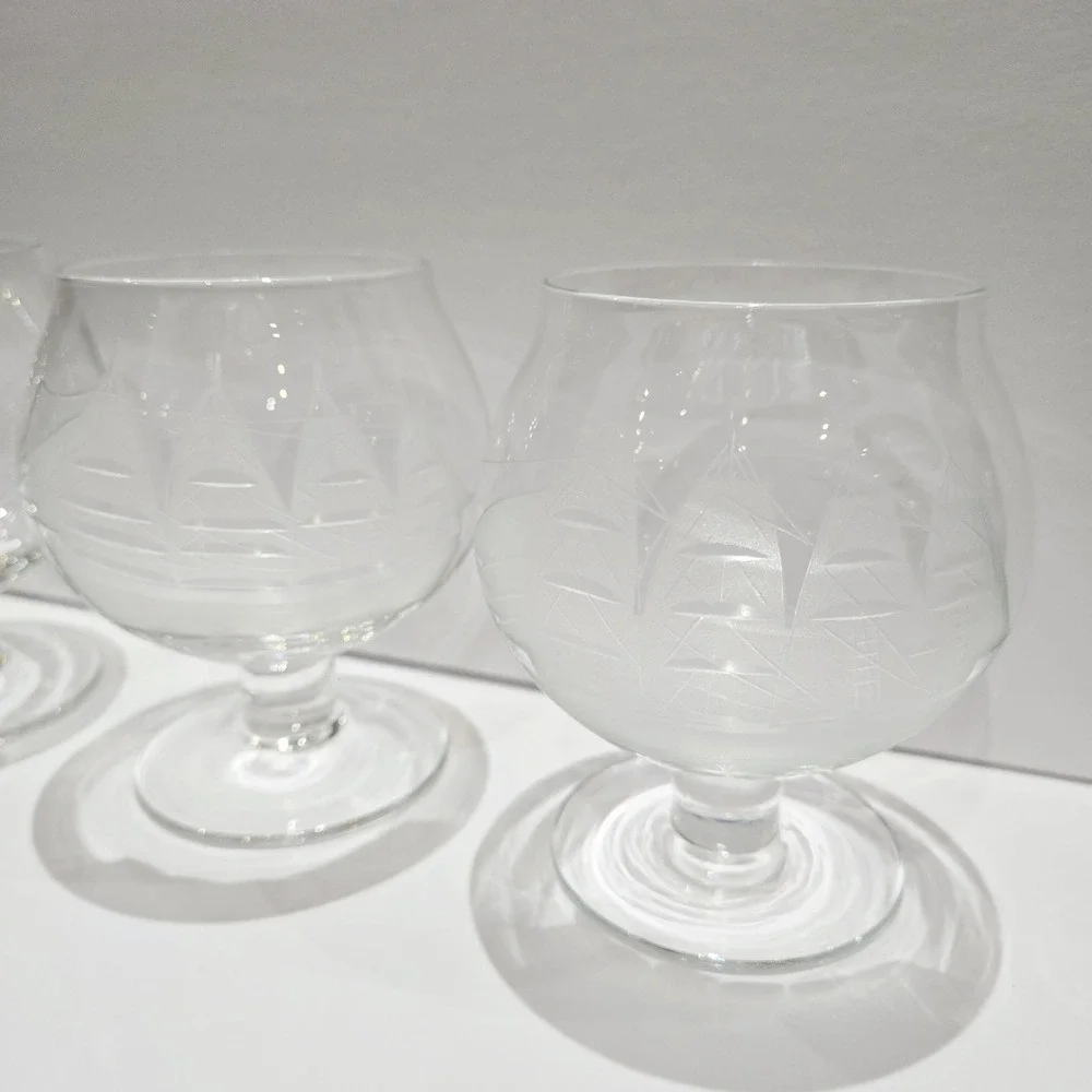 6 Toscany Clipper Schooner Ship Etched Crystal Glass Brandy Snifters